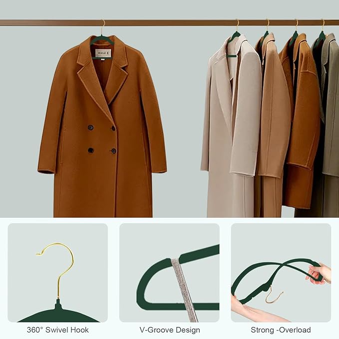 36 Packs Velvet Clothes Hangers, 17.3 Inches Non-Slip Skirt Hangers, Sturdy Dresses Hangers with Shoulder Notches, Space Saving Clothing Hangers for Adults, Dark Green with Gold Hook