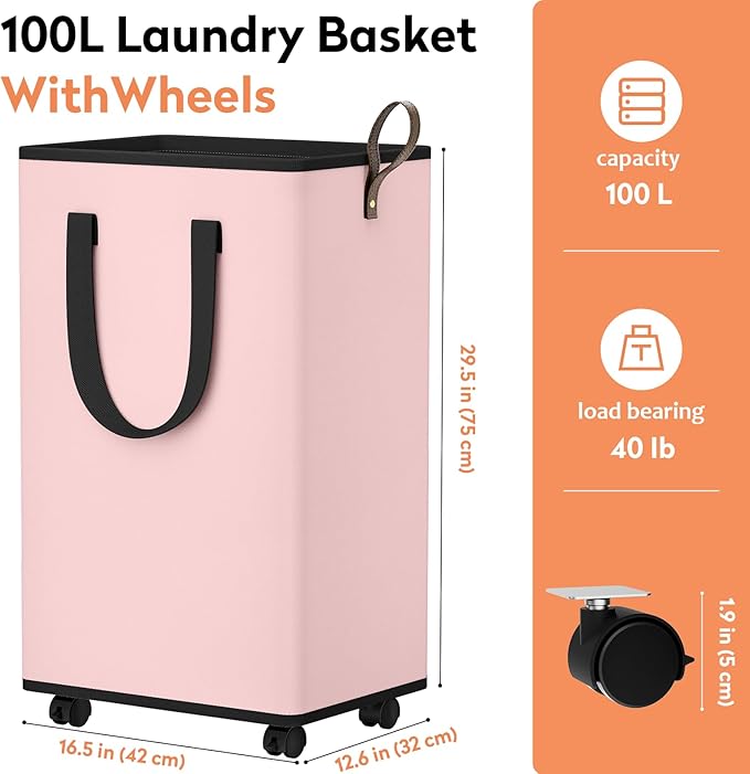 SpaceTrove Laundry Basket with Wheels, Collapsible Laundry Baskets, Laundry Hamper with Handles Detachable Wheels, Rolling Laundry Basket, Dirty Clothes Hamper for Bathroom, Dorm, Bedroom, Pink, 100L