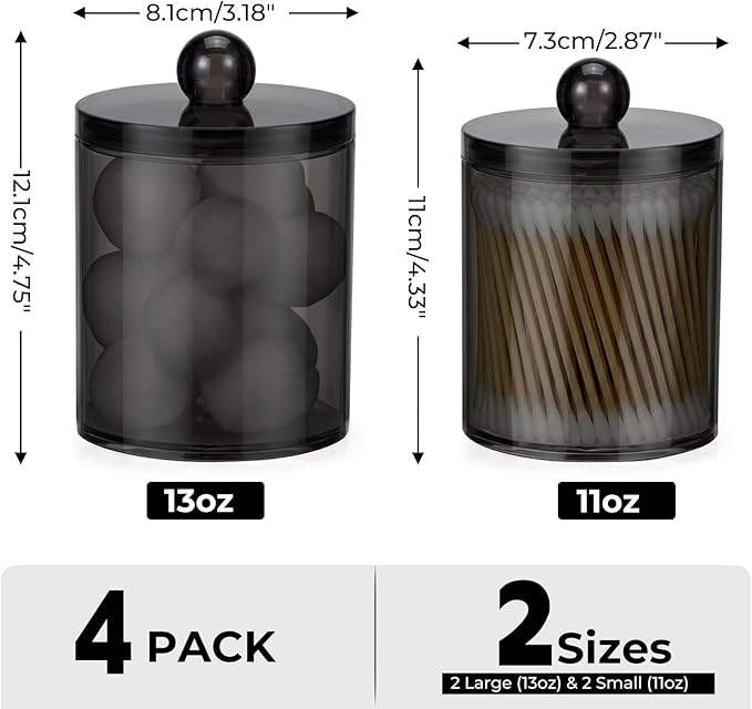 4 Pack Acrylic Qtip Holder Dispenser for Cotton Swabs, Balls, Pads, Floss Picks- Clear Acrylic Canister Apothecary Jar Set, Bathroom Essentials Accessories Decor Vanity Makeup Storage Organizer -Black