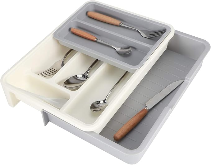 Yosoo Expandable Silverware Drawer Organizer – BPA-Free Plastic Cutlery Tray with 7 Compartments, Adjustable Utensil Holder for Kitchen Drawers, Flatware Storage for Spoons, Forks, Knives