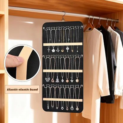 Hanging Jewelry Organizer Storage Roll with 48pcs Pocket Double Sided Rotating Hanger Necklace Hanging Wall Organizer with Hanger Hooks(COLOR:Black)