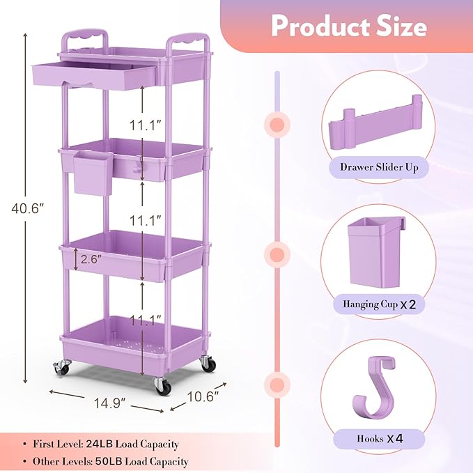 SUNALLY Makeup Cart Organizer with Drawers, 4 Tier Floor Skincare Organizers for Vanity, Rolling Makeup Bathroom Storage Cart Cosmetics Display Cases for Skin Care Perfume Nail Polish, Purple