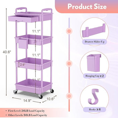 SUNALLY Makeup Cart Organizer with Drawers, 4 Tier Floor Skincare Organizers for Vanity, Rolling Makeup Bathroom Storage Cart Cosmetics Display Cases for Skin Care Perfume Nail Polish, Purple