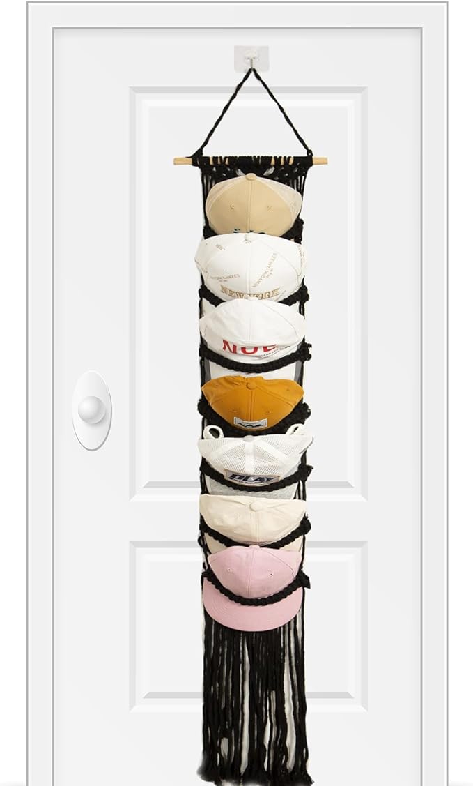 jontell Ball Cap Holder-1 Pack/Up to 14 Caps-Hat Organizer for Baseball Caps Display, Macrame Hat Rack for Wall, Boho Handmade Cap Hanger Over Door (Black)