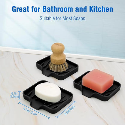 AIMAIAIMAI 3-Pack Silicone Soap Dish Set – Bar Soap Holder with Self-Draining Design, Easy-Clean Tray for Shower, Bathroom, Kitchen, and Tub (Black)