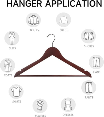 Quality Wooden Clothes Hangers, Solid Wood Suit & Coat Hangers with Pants Bars, Swivel Hook, Shoulder Notches, Heavy Duty Hangers for Shirts, Jackets, Dresses & Trousers(Mahogany/12-Pack)