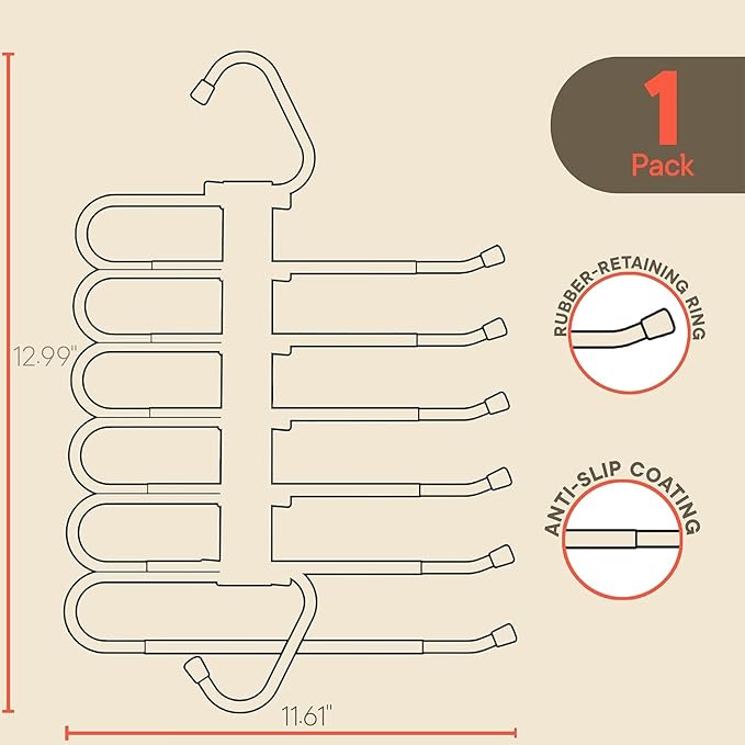 Campior Space Saving Pants Hangers 1 Pack, 6 Layer Jeans Hangers and Closet Organizer for Jeans, Scarves, & Skirts, Multi-Layer Hanger with Anti-Slip Stopper, Heavy-Duty S-Type Stainless Steel, White