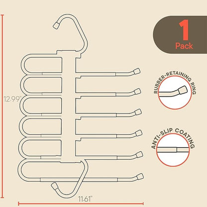 Campior Space Saving Pants Hangers 1 Pack, 6 Layer Jeans Hangers and Closet Organizer for Jeans, Scarves, & Skirts, Multi-Layer Hanger with Anti-Slip Stopper, Heavy-Duty S-Type Stainless Steel, White