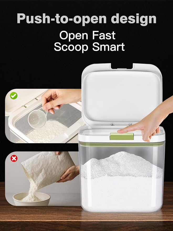 LivLab Mker Flour sugar storage containers with One-Press Lid | BPA-Free Clear PET Airtight food container with scoop| Stackable cereal Storage Organizer 8x6.5x5.5in 2.8L/6Lbs (green)