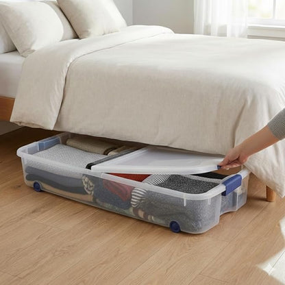 66 Quart Underbed Storage Bin with Wheels & Clear Lid, Under Bed Storage Container for Blankets, 39.5" x 20.25" x 7", Split-Lid Design & Smooth Gliding Wheels
