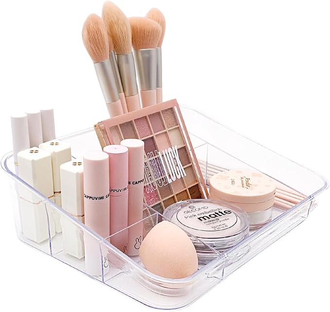 SUNFICON Makeup Tray Organizer Cosmetic Display Case Office Stationery Storage Holder Countertop Storage Unit Makeup Box for Bathroom Drawers,Vanities Office Desk,Washable Crystal Clear Acrylic