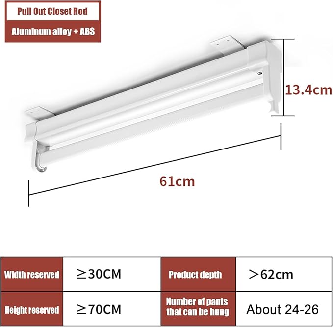 Heavy Duty Retractable Pull Out Pants Rack,Aluminum Alloy Pull Out Closet Valet Rod,Extendable Wardrobe Rail Tube for Hanging Clothes, Top Mount (Color : White, Battery *1 : 61cm)
