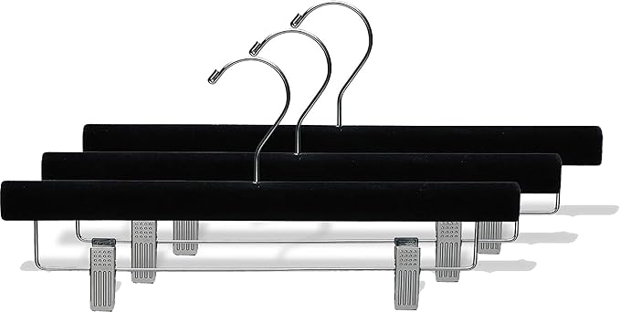 Black Velvet Pant Hanger w/Adjustable Cushion Clips, Box of 100 Flat Wood Bottom Hangers w/Chrome Swivel Hook for Jeans Slacks or Skirt