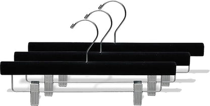 Black Velvet Pant Hanger w/Adjustable Cushion Clips, Box of 100 Flat Wood Bottom Hangers w/Chrome Swivel Hook for Jeans Slacks or Skirt