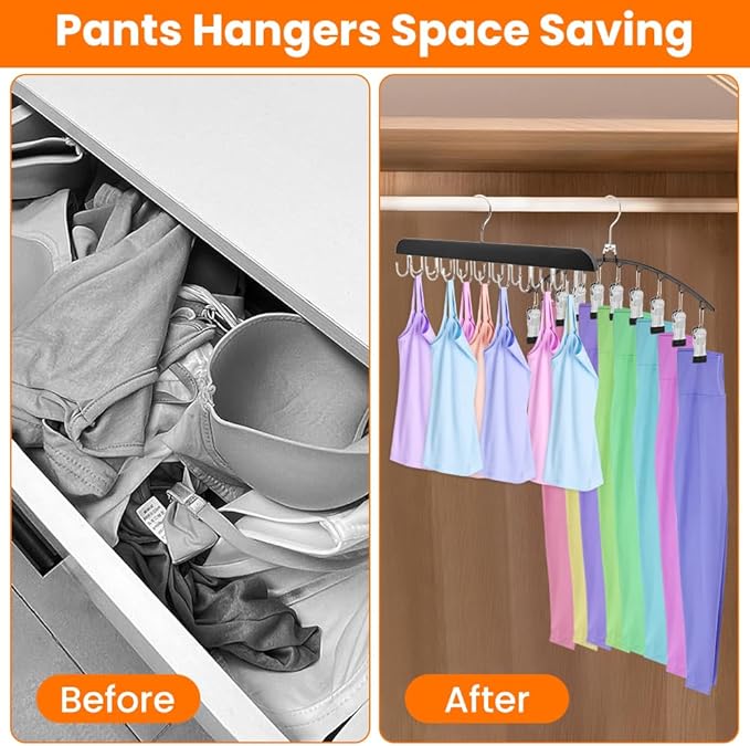 2 Pack Legging Organizer and Bra Hanger,2 in 1 Space Saving Hangers Max 30 Leggings & Bras Capacity for Closet Organizers and Storage,Metal Yoga Pant Hangers and Foldable Wood Tank Top Hanger
