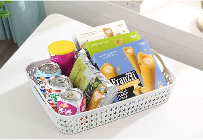 6 Packs Large Plastic Storage Tray Baskets with Handles for Organizing, White