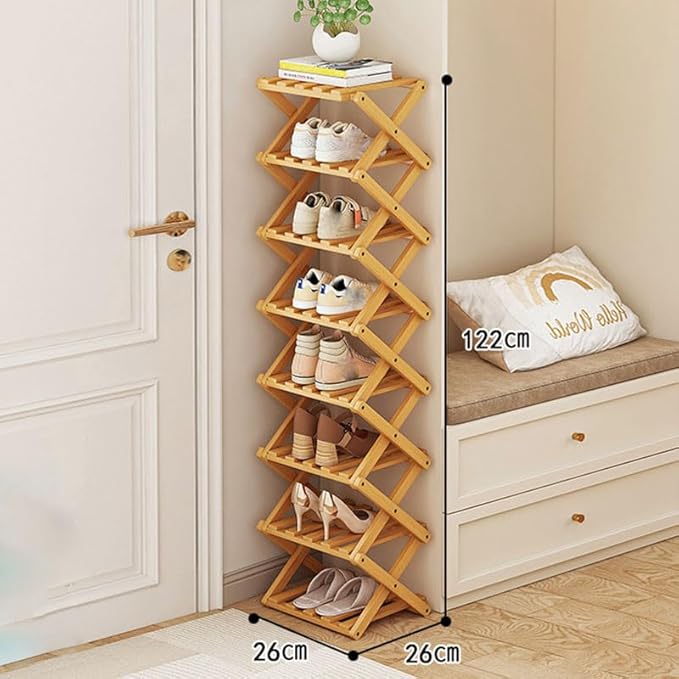 Narrow Shoe Rack - Shoe Storage Organiser- Vertical Bamboo Foldable Shoes Shelf for Entryway, Closet, Bedroom, Hallway ([Primary Color] 8 Layers)