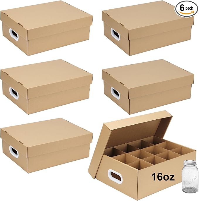 6 Pcs Cardboard Mason Jar Storage Box for 16 oz Regular or Wide Mouth Jars Canning Boxes with Handles and Dividers, 12 Cells Mason Jar Organizer Canning Jar Storage Boxes