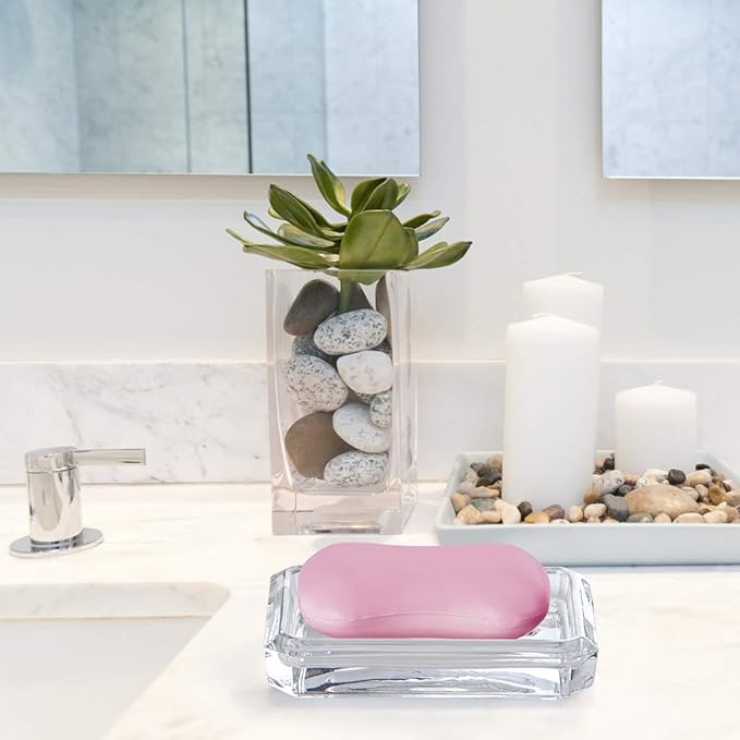 MDLUU 2-Pack Glass Bar Soap Dish, Decorative Soap Saver Tray for Shower, Bathtub, Bathroom Sink, Kitchen Sink (Square)