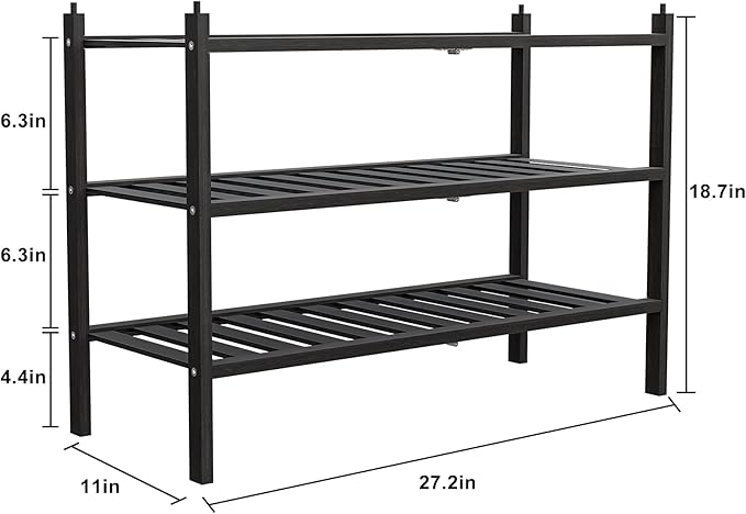 Dranixly Shoe Rack, 3-Tier Bamboo Stackable Shelf Storage Organizer, Stand for Closet, Entryway, Hallway, Bathroom and Living Room（Black）