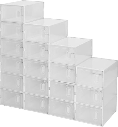 18 Pack Large Shoe Storage Boxes Organizers Clear Plastic Stackable, Modular Space Saving Shoe Boxes Sneaker Storage for Sneakerheads,Toy Storage Organizer Bins for Entryway, Closet, Under Bed, White