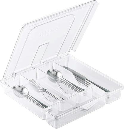 Utensil Holder for Countertop with Lid, Plastic Silverware Tray for Drawer, 5 Compartments Flatware Organizer,Transparent