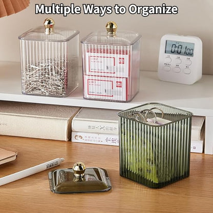 Clear Qtip Holder Dispenser for Cotton Ball and Swab Plastic with Lid Translucent Square Shape Canister Cube Jar for Bathroom Living Room Bedroom Vanity Makeup Organization (Tranparent*2)