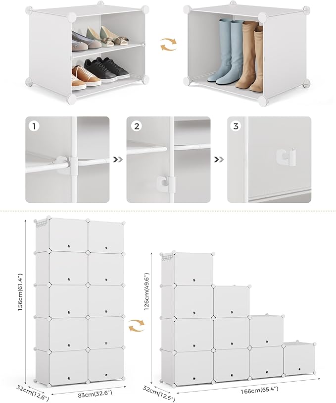 Mondeer Shoe Rack, Plastic Shoe Cabinet, 10 Levels, Shoe Rack Organiser Holds 40 Pairs of Shoes, Space Saving, for Hallway, Bedroom, Living Room, Entrance (White)