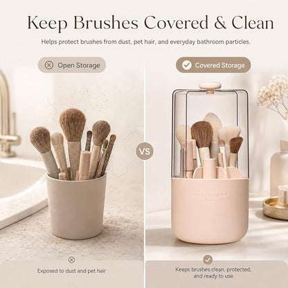 EACHY Makeup Brush Holder 360° Rotating with Dustproof Lid, Waterproof Material, 7 Compartments for Organized Storage, Stylish and Durable Design for Vanity (Pink)