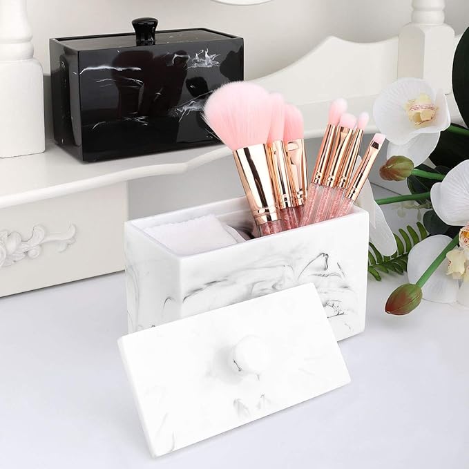 Luxspire Cotton Swab Holder, Qtip Holder Dispenser with Lid, 2 Compartments Cotton Ball Organizer, Bathroom Container for Cotton Round, Floss, Marble Bathroom Accessories - Ink White