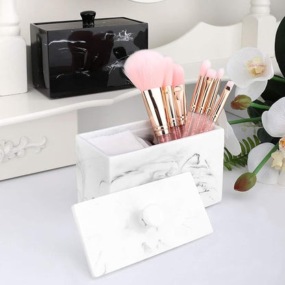Luxspire Cotton Swab Holder, Qtip Holder Dispenser with Lid, 2 Compartments Cotton Ball Organizer, Bathroom Container for Cotton Round, Floss, Marble Bathroom Accessories - Ink White