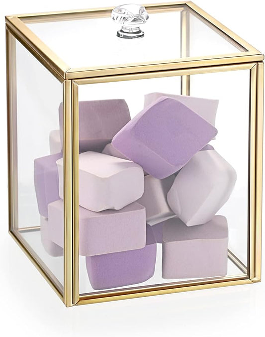 Hipiwe Gold Glass Vanity Box Vintage Apothecary Jars with Lids Cotton Pad Dispenser Qtip Holder Cotton Ball Swab Round Organizer Bathroom Canister Storage Jar for Q-tip, 3.9" L x 3.9" W x 4.7" H