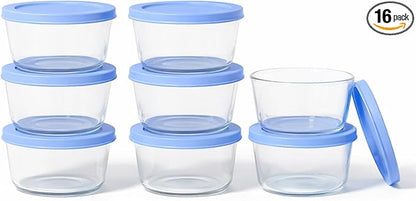 16-Piece Glass Food Storage Containers Set (8 Containers + 8 BPA-Free Lids) | 1-Cup, Leakproof | Microwave, Freezer, Oven & Dishwasher Safe | Ideal for Meal Prep & Pantry Organization, Lavender Blue