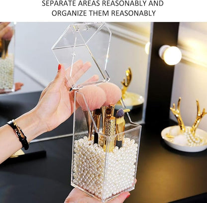 Makeup Brush Holder With Lid Cosmetic Brush Organizer Display Case Dustproof Cosmetics Brush Storage Container with Free Pearls