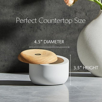 Evermill Salt Cellar (Salt Well) – Premium Marble or Concrete Container with Wooden Lid – Easy Access Kitchen Salt Box with Magnetic Swivel Lid – Includes Sea Salt (Marble with Oak)