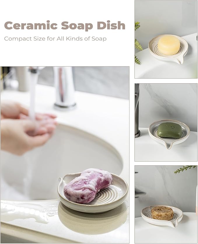Soap Dish with Drain, Ceramic Soap Holder Self Draining Bar Soap Saver with Waterfall Design for Shower Bathroom Kitchen Sink Bathtub, Beige White