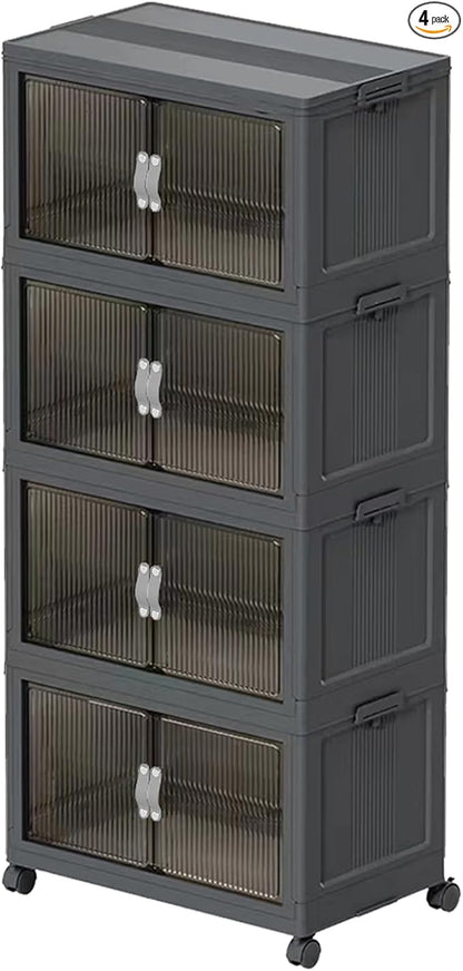 81QT 4 Tier Stackable Storage Bins with Lid & Door, Heavy-Duty Plastic Organizer Containers for Home, Bathroom, Kitchen Organization - Clear & Collapsible Design Gray 4T