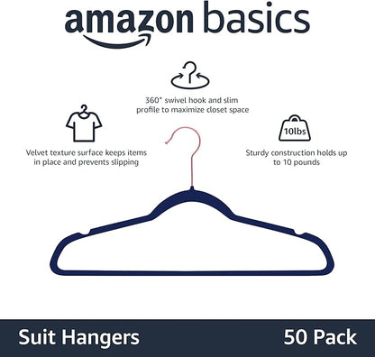 Amazon Basics Slim Velvet Non-Slip Space Saving Suit Clothes Hangers, Sturdy Construction, Navy Blue/Rose Gold, 50-Pack