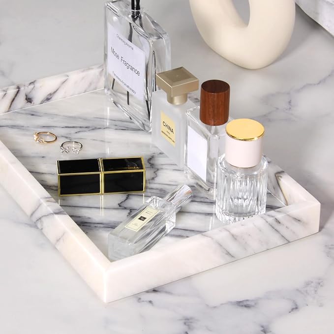 Marble Bathroom Vanity Tray, Natural Luxury Vanity Home Kitchen Bathroom Table Tray, Stone Decorative Countertop Dresser Trays for Key Coffee Perfume Jewelry Makeup (Lilac, 12"x 8" x1.2")
