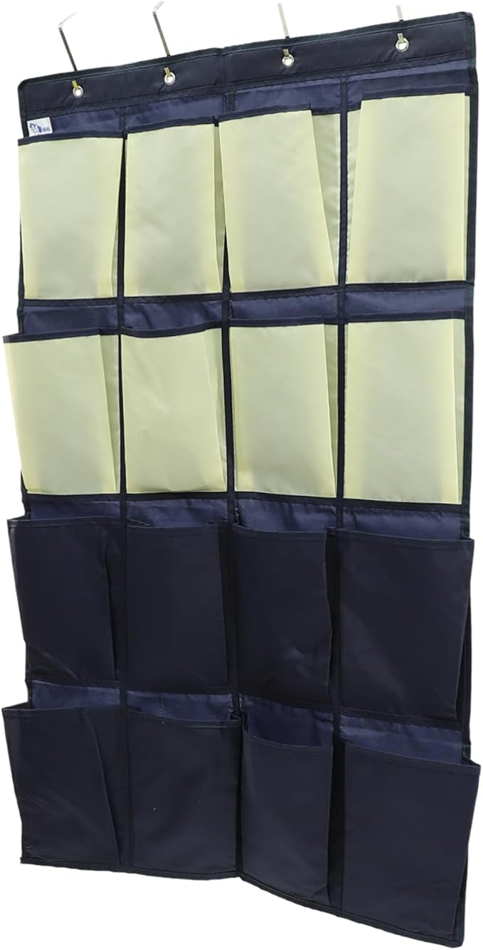 UKCOCO Over the Door Shoe Organizer Bag Multi Pouch Hanging Storage for Shoes Clothes and Daily Essentials Oxford Wall Mounted Holder for Closet and Bedroom Blue and Yellow