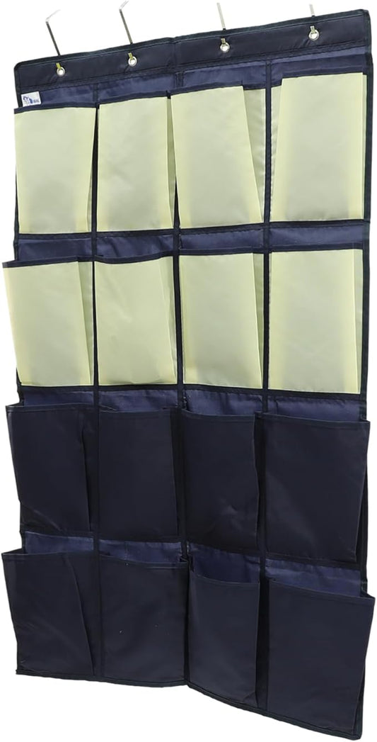UKCOCO Over the Door Shoe Organizer Bag Multi Pouch Hanging Storage for Shoes Clothes and Daily Essentials Oxford Wall Mounted Holder for Closet and Bedroom Blue and Yellow