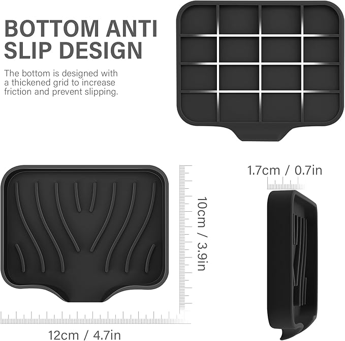Silicone Soap Dish with Drain, SAISN Kitchen Soap Tray for Shower 2 Pack Self Draining Soap Dish Soft Bathroom Soap Holder for Kitchen Sink Flexible Portable Soap Saver, Black