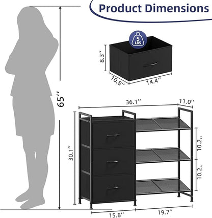 Somdot Shoe Rack, 3 Tier Shoe Organizer with 3 Drawers, Metal Shoe Storage Shelf for 6-9 Pairs of Shoes with Fabric Shelves and Wooden Top, Narrow Shoe Rack for Entryway, Black