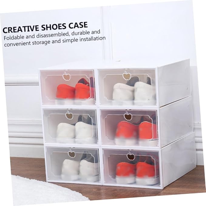 Abaodam Large Capacity Shoe Storage Boxes with Flip-top Lids, Thick Plastic Organizer for Home Closet, 6pcs Pearl White Stackable Shoe Organizers for Sneakers and Boots