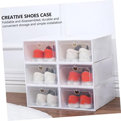 Abaodam Large Capacity Shoe Storage Boxes with Flip-top Lids, Thick Plastic Organizer for Home Closet, 6pcs Pearl White Stackable Shoe Organizers for Sneakers and Boots