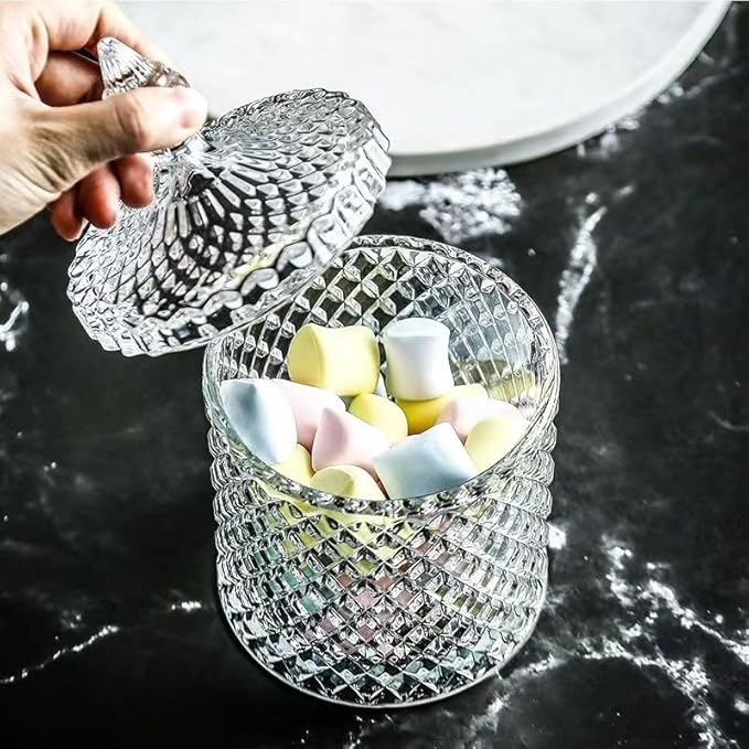 Glass Jar Bathroom Storage Organizer Cute Qtip Dispenser Holder Vanity Canister Jar Glass with Lid Clear Cotton Ball Storage for Cotton Swab, Cotton Rounds, Jewelry, Candy