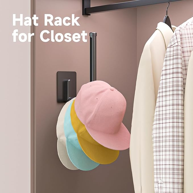 2 Pack Hat Racks for Baseball Caps, Stainless Steel Hat Organizer for Baseball Cap, Hat Holder Storage Organizer, Hat Hanger Strong Adhesive/Wall Drilled for Door, Bedroom, Closet(Black 6 in) (Black)
