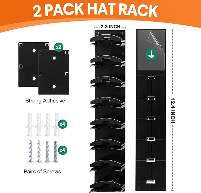 HINIHAO 2 Pack Hat Organizer for Baseball Caps, Hat Rack for Wall with Strong Adhesive, Wall Mounted Hat Hooks Hold up to 16 Hats for Closet Door and Bedroom (Black)