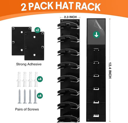 HINIHAO 2 Pack Hat Organizer for Baseball Caps, Hat Rack for Wall with Strong Adhesive, Wall Mounted Hat Hooks Hold up to 16 Hats for Closet Door and Bedroom (Black)