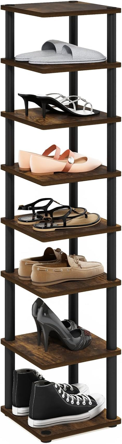 Furinno Turn-N-Tube Vertical Shoe Rack, 8-Tier Narrow Shoe Organizer, Free Standing Shoe Storage, Shoe Shelf for Boots, Sneakers, 11.6 x 11.6 x 52.6, for Closet, Entryway, Office, Garage, Amber Pine